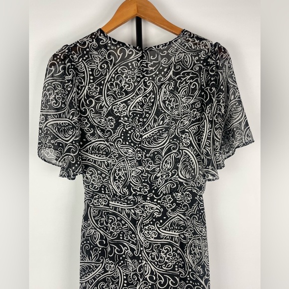 Calvin Klein Black White Chiffon Paisley Floral Hi Low Ruffle Faux Wrap Dress - Picture 8 of 11